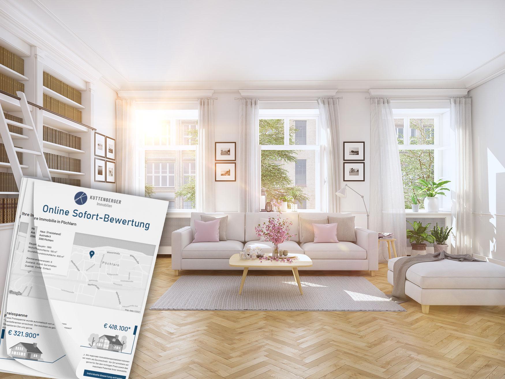 Ansicht eines Wohnzimmers mit Dokumenten zur Immobilienbewertung im Vordergrund