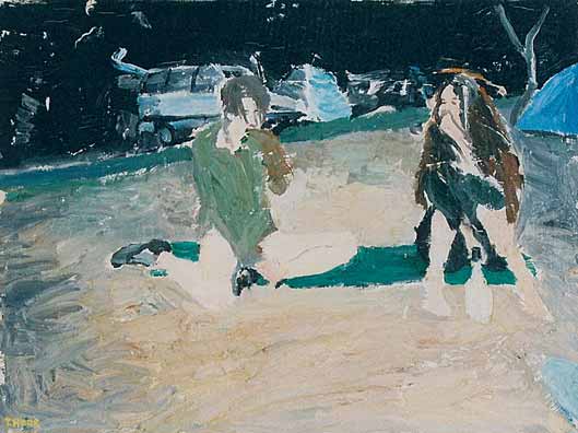 Malerei von Thomas Hoor mit dem Titel »Camping auf Rockkonzert«, Acryl auf Leinwand
