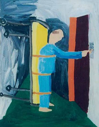 Malerei von Thomas Hoor mit dem Titel »Herr Rüdisser bricht aus«, Acryl auf Leinwand