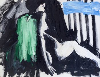 Frau im Stuhl sitzend, von seitlich hinten gemalt, Schwarz, grün und hellblau