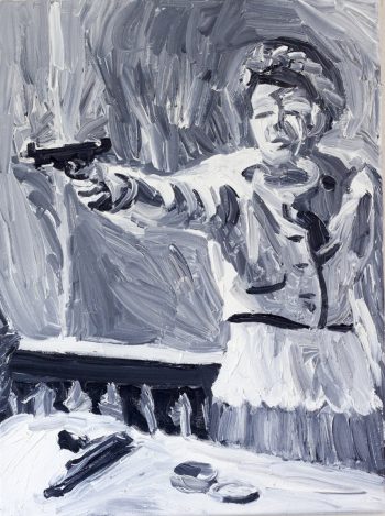 Ölgemälde in Graustufen mit dem Titel »Übermut im Salzkammergut« von Thomas Hoor
