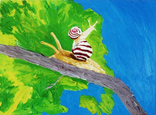 Malerei von Thomas Hoor mit dem Titel »Vater Schecke und Sohn Schnecke«, Acryl auf Leinwand